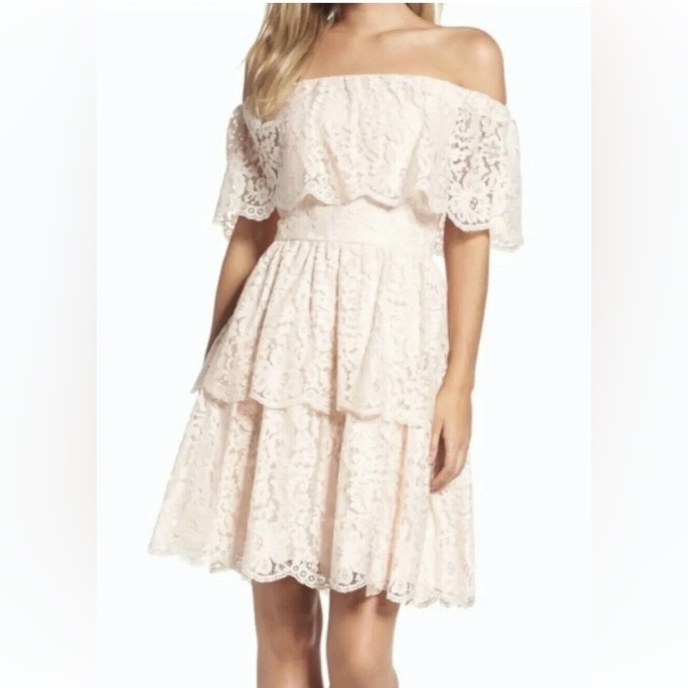 Eliza J Blush Lace Off Shoulder Dress Size 8 Romantic Wedding Guest Cocktail